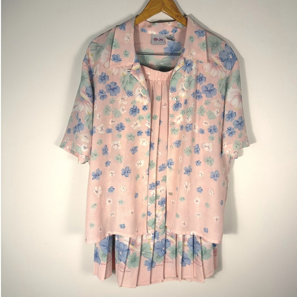 TanJay Vintage Pink Floral Skirt Set Shirt and Pleated Midi Skirt Size 16